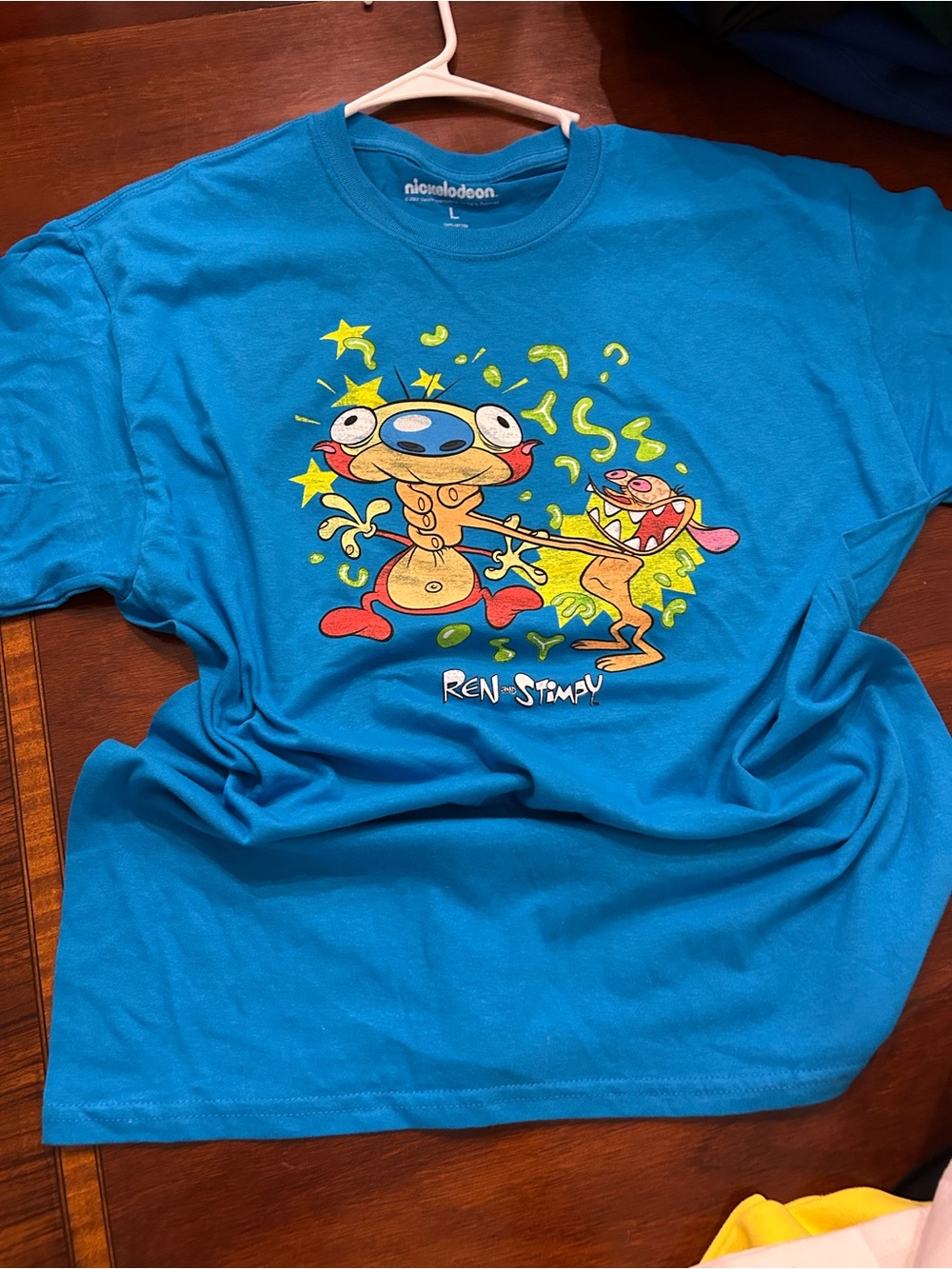 Nickelodeon Blue Ren & Stimpy Cartoon Graphic Tee with Yellow and Green Accents